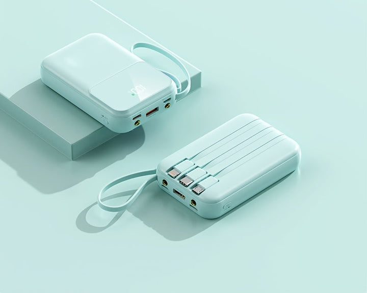 Compact 10000mAh portable power bank with built-in charging cables for iPhone & Android. Fast mobile phone charger.