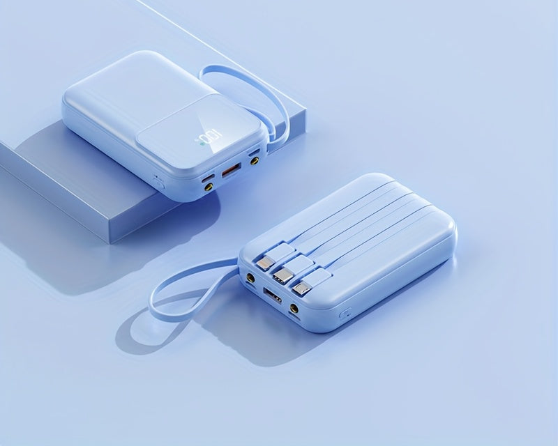 Travel-friendly 10000mAh portable phone charger with integrated cables. Essential mobile battery for on-the-go.