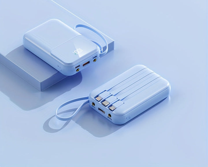 Travel-friendly 10000mAh portable phone charger with integrated cables. Essential mobile battery for on-the-go.