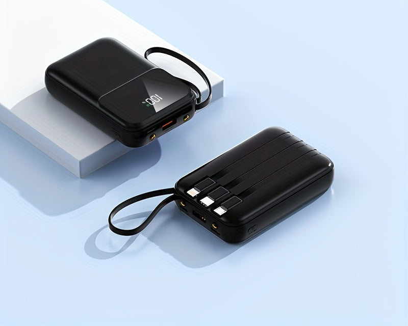 Sleek 10000mAh portable charger with universal built-in USB-C, Lightning & Micro-USB cables for all phones.