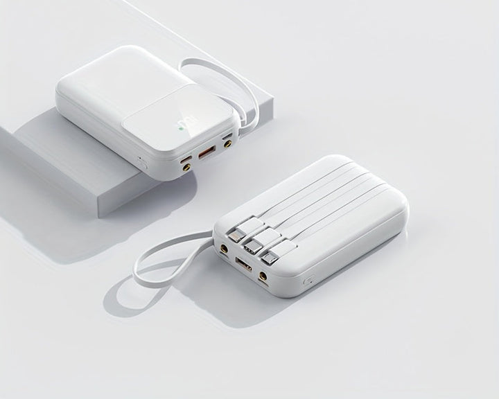 Fast charging 10000mAh compact portable power bank. Features built-in cables for iPhone & Android devices.