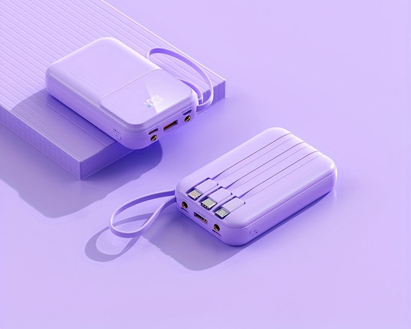 Handy 10000mAh portable phone battery pack. This mobile accessory has convenient built-in charging cables.