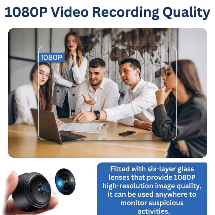 Small 1080P HD WiFi camera, wireless and easy to install, offering clear night vision for home security.