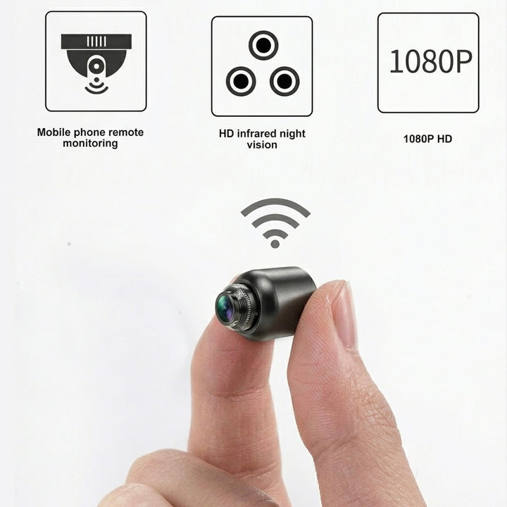 Wireless 1080P HD indoor security camera actively monitoring a room, featuring clear night vision capabilities.