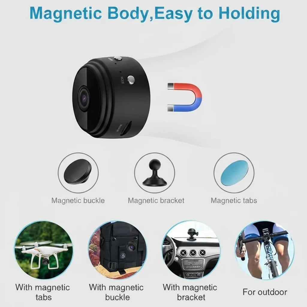 Discreet magnetic mini WiFi security camera, 1080P, ideal for compact home surveillance and peace of mind.