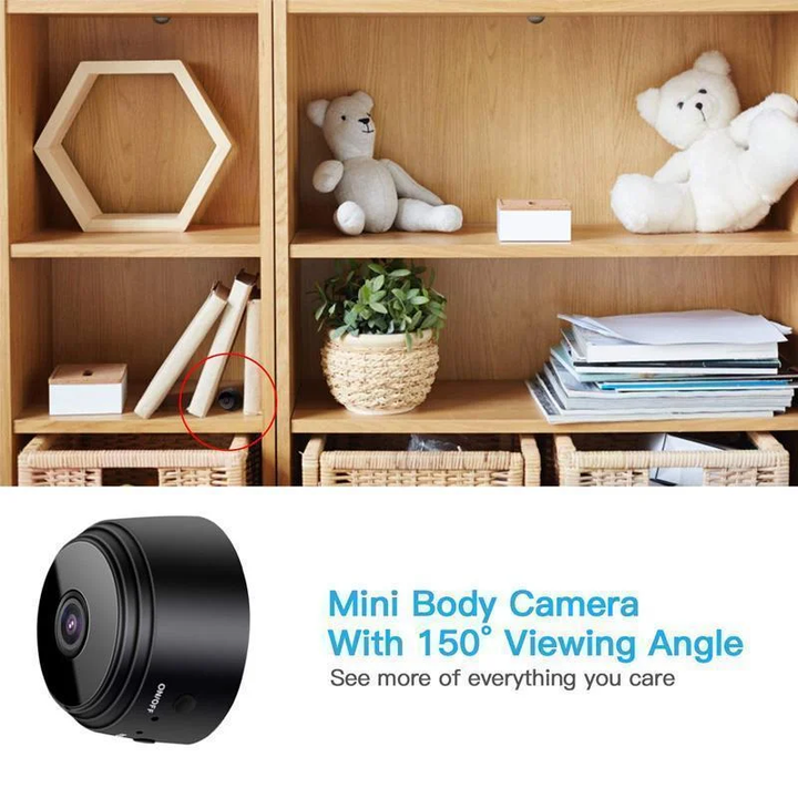 Small 1080P wireless security camera with magnetic base, WiFi connectivity & night vision for home protection.