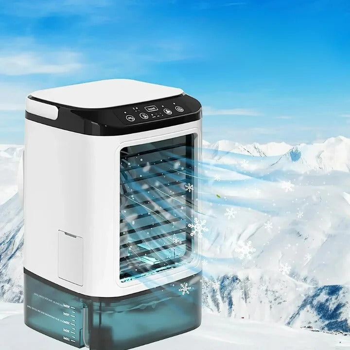 Compact 3-speed personal air cooler, portable mini AC desk fan for small room cooling.