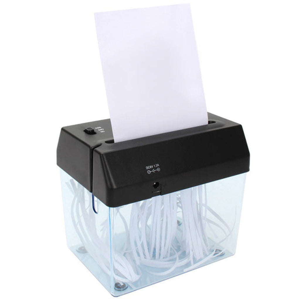 Compact desktop cross-cut paper shredder for secure home office document destruction.
