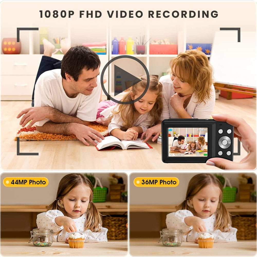 Teen's compact digital camera capturing smooth 1080P video, 44MP photos & 16X zoom for vlogging.