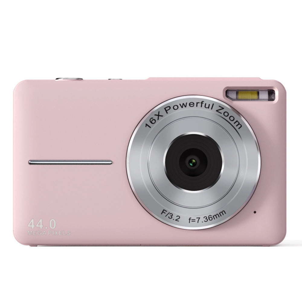 Teenager holding a compact 44MP digital camera, ideal for vlogging & travel, easy to use.