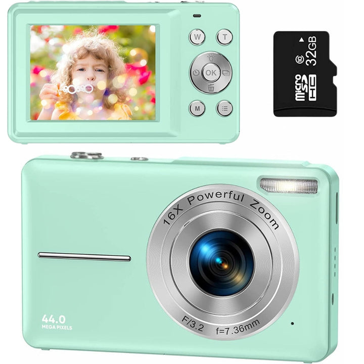 Teen taking a photo with a portable 44MP digital camera, capturing clear 1080P video.