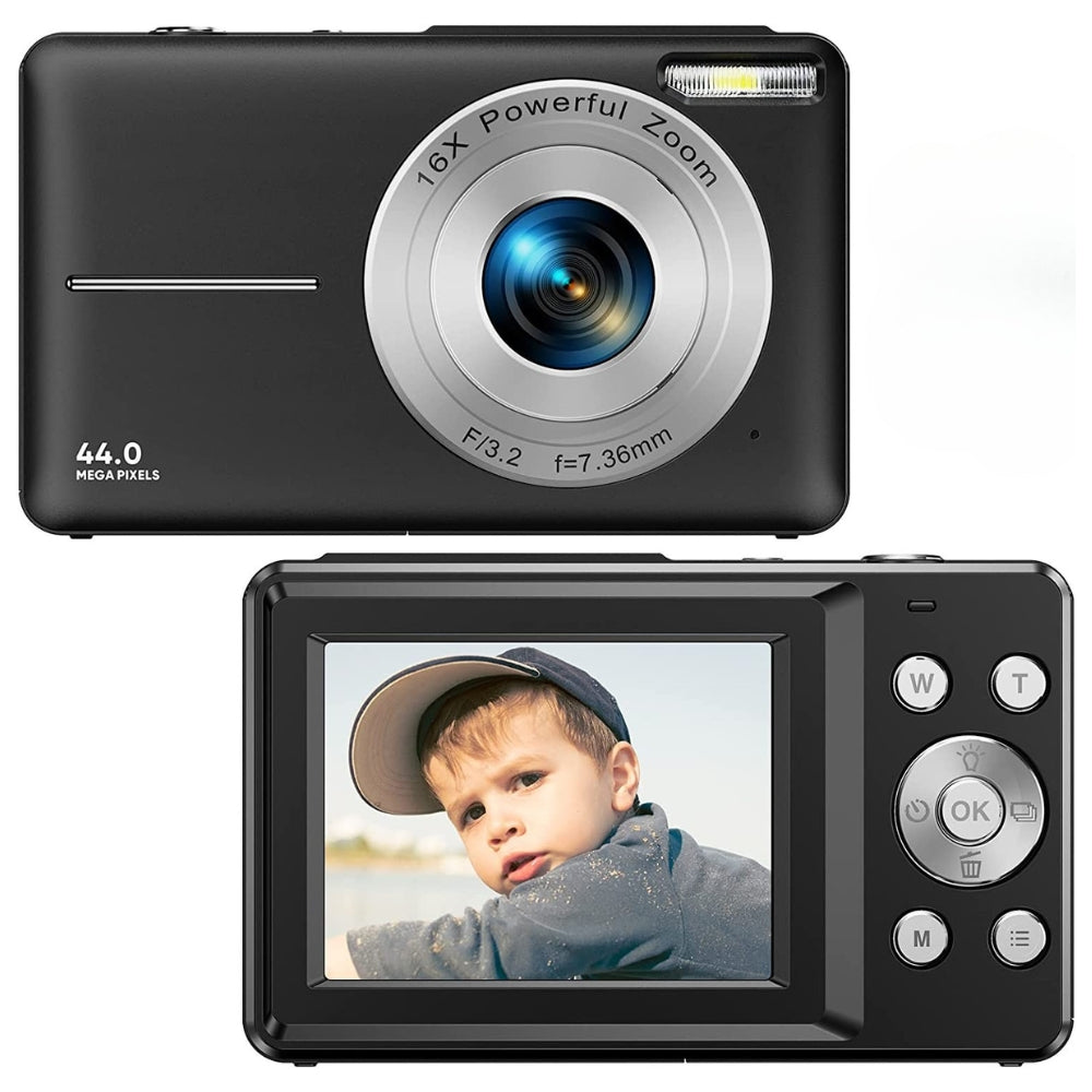 Clear display on a compact 44MP digital camera for teens, showing 1080P video playback.