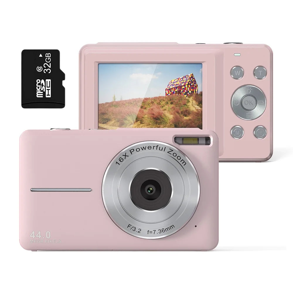 Compact digital camera demonstrating 16X zoom capability, great for detailed 44MP photos & 1080P video.