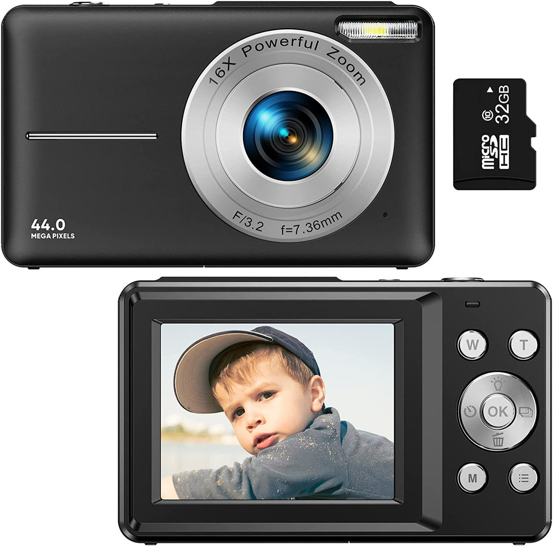 Portable teen's digital camera with strap & charging cable. Rechargeable 44MP 1080P vlogging camera.