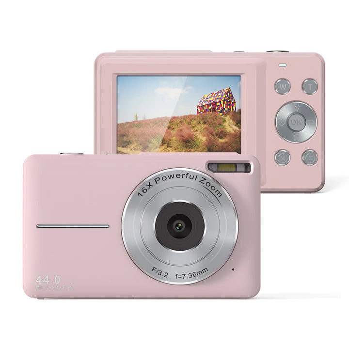 Teen vlogging with a compact 44MP digital camera, capturing crisp 1080P video with 16X zoom.