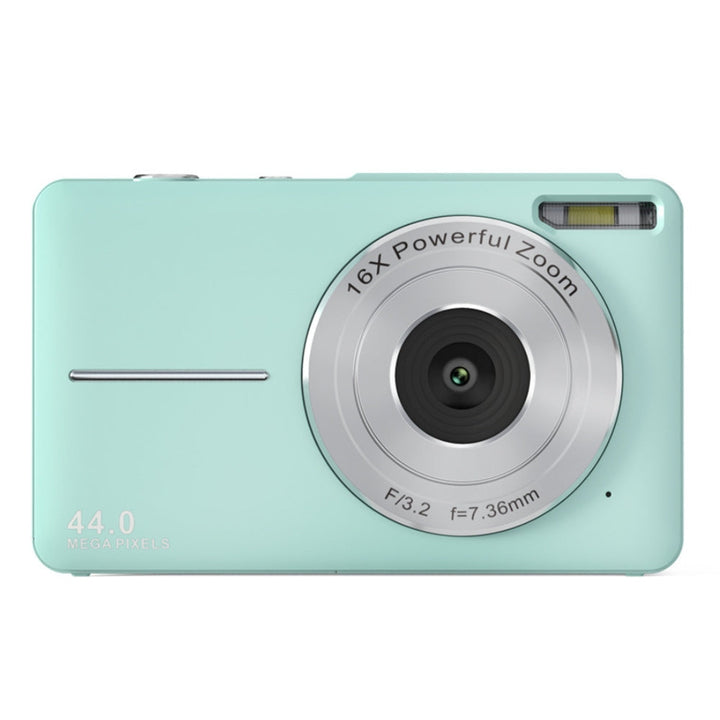 Hand holding a compact 44MP digital camera for teens, demonstrating its portable design & ease of grip.
