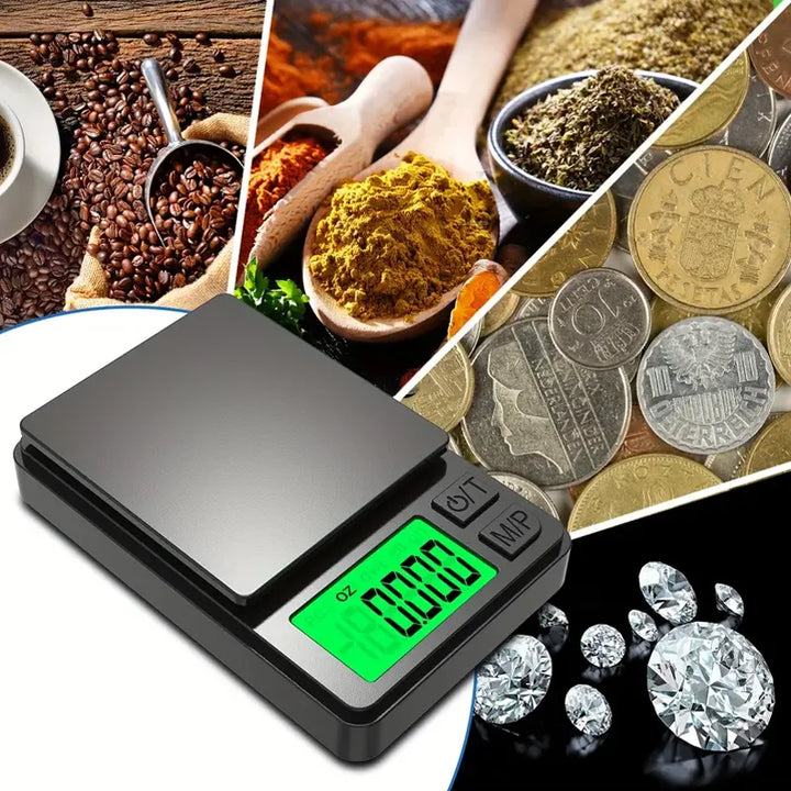 Portable mini digital scale with high accuracy for gram measurements. Perfect for travel, herbs, coffee, & baking.
