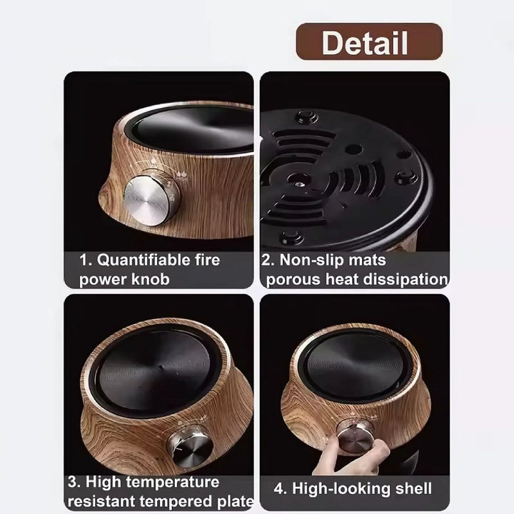 Electric hot plate warming a ceramic coffee mug, ideal for keeping drinks hot. Portable.