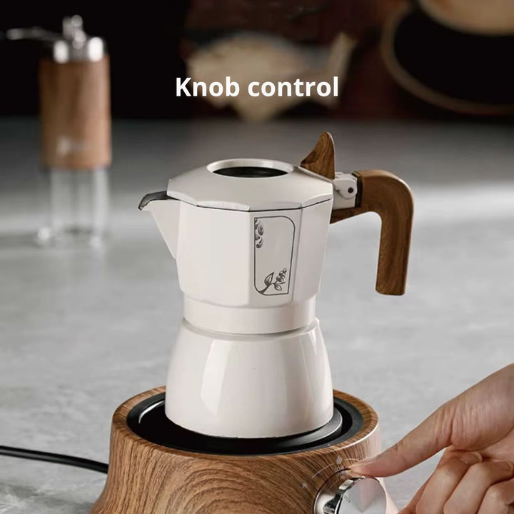 Electric hot plate designed to warm coffee, tea, or other beverages. Compact & easy to use.