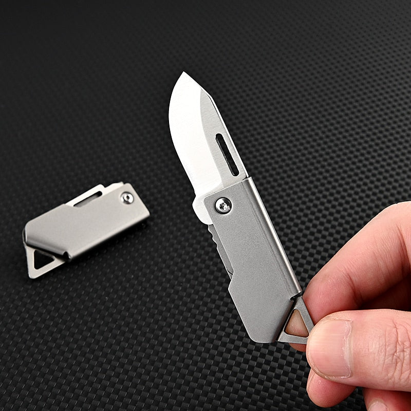 Sharp D2 stainless steel blade of a master folding survival mini knife. Perfect EDC pocket tool for outdoor gear.