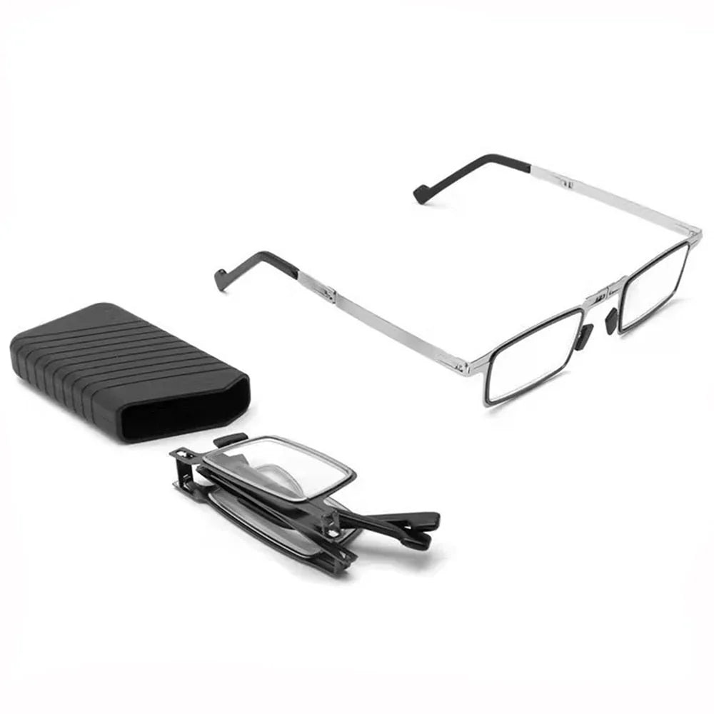 Compact foldable reading glasses with a sleek silver frame, perfect for portable and on-the-go vision clarity.