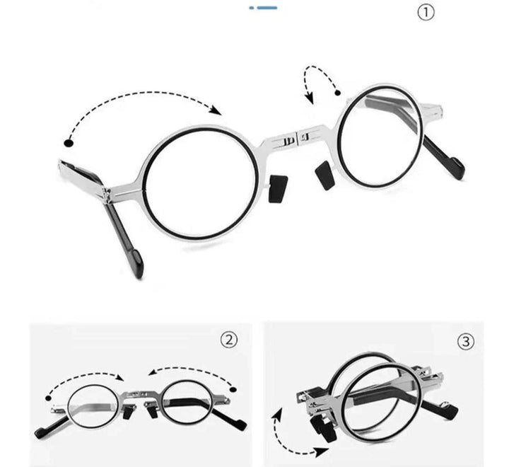 Foldable readers in a silver case, emphasizing their compactness and readiness for everyday use as vision aids.