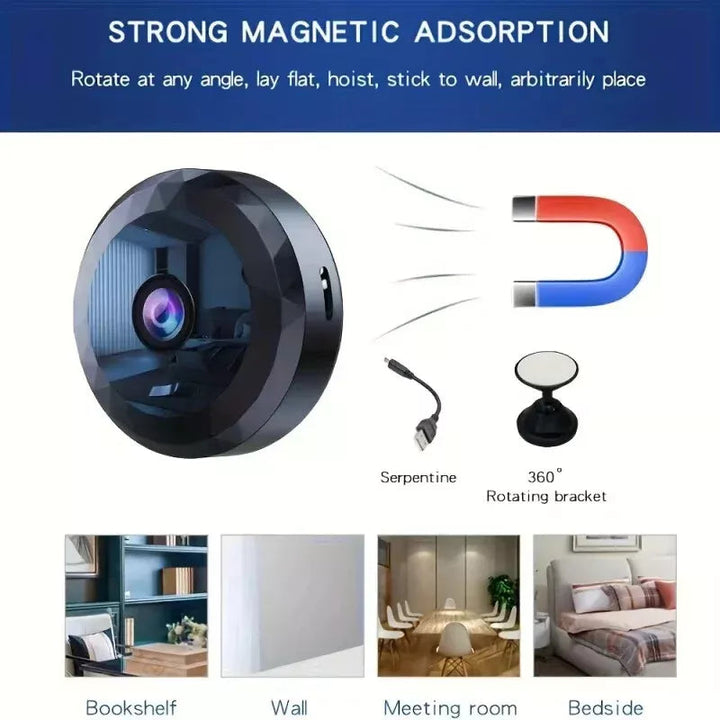 Tiny magnetic WiFi indoor camera for unobtrusive 24/7 security. Features night vision for discreet surveillance.