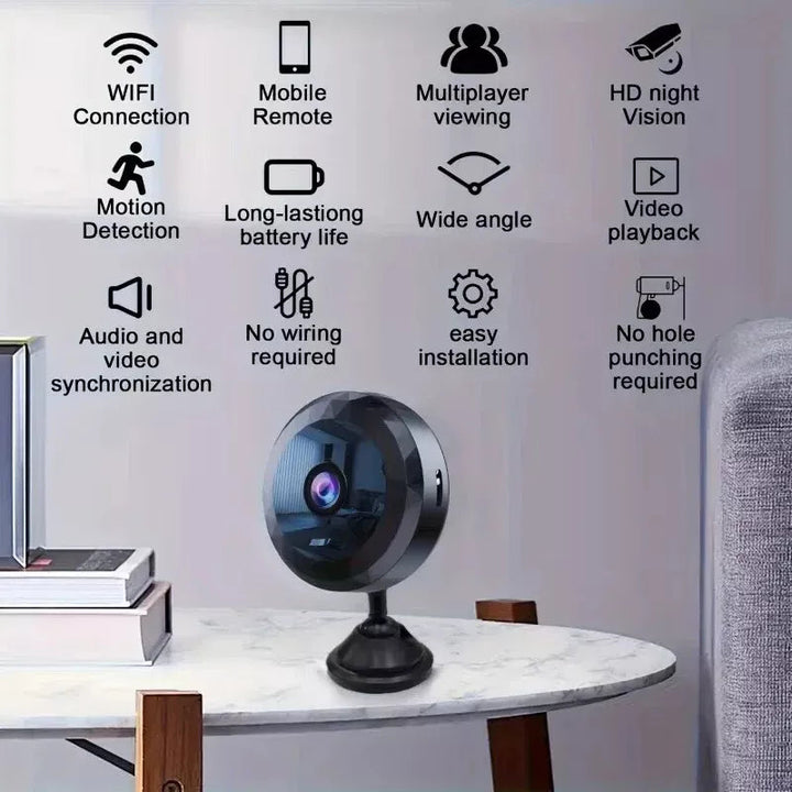 High-tech mini WiFi security gadget with magnetic mount for discreet, remote home surveillance & night vision.