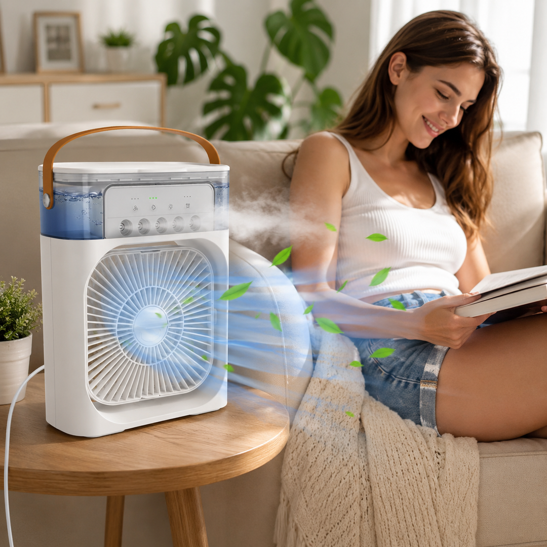 Compact personal portable air cooler with USB power for instant refreshing comfort. Ideal mini AC for desk or travel.