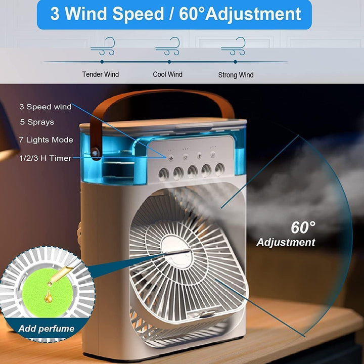Ultra-compact travel gadget: a portable air cooler & USB fan for personal cooling on the go. Summer essential.