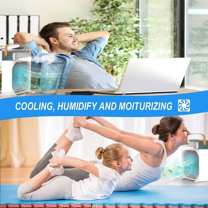 Adjustable personal portable air cooler with mist function. Perfect for home, office, or as a travel cooling gadget.