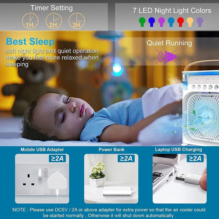 Stay cool anywhere! This compact portable air cooler is a USB fan & mini AC, essential for instant refreshing comfort.