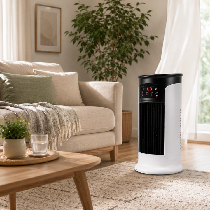 Energy-efficient portable air conditioner. Compact evaporative room cooler for home or office. Personal cooling solution.