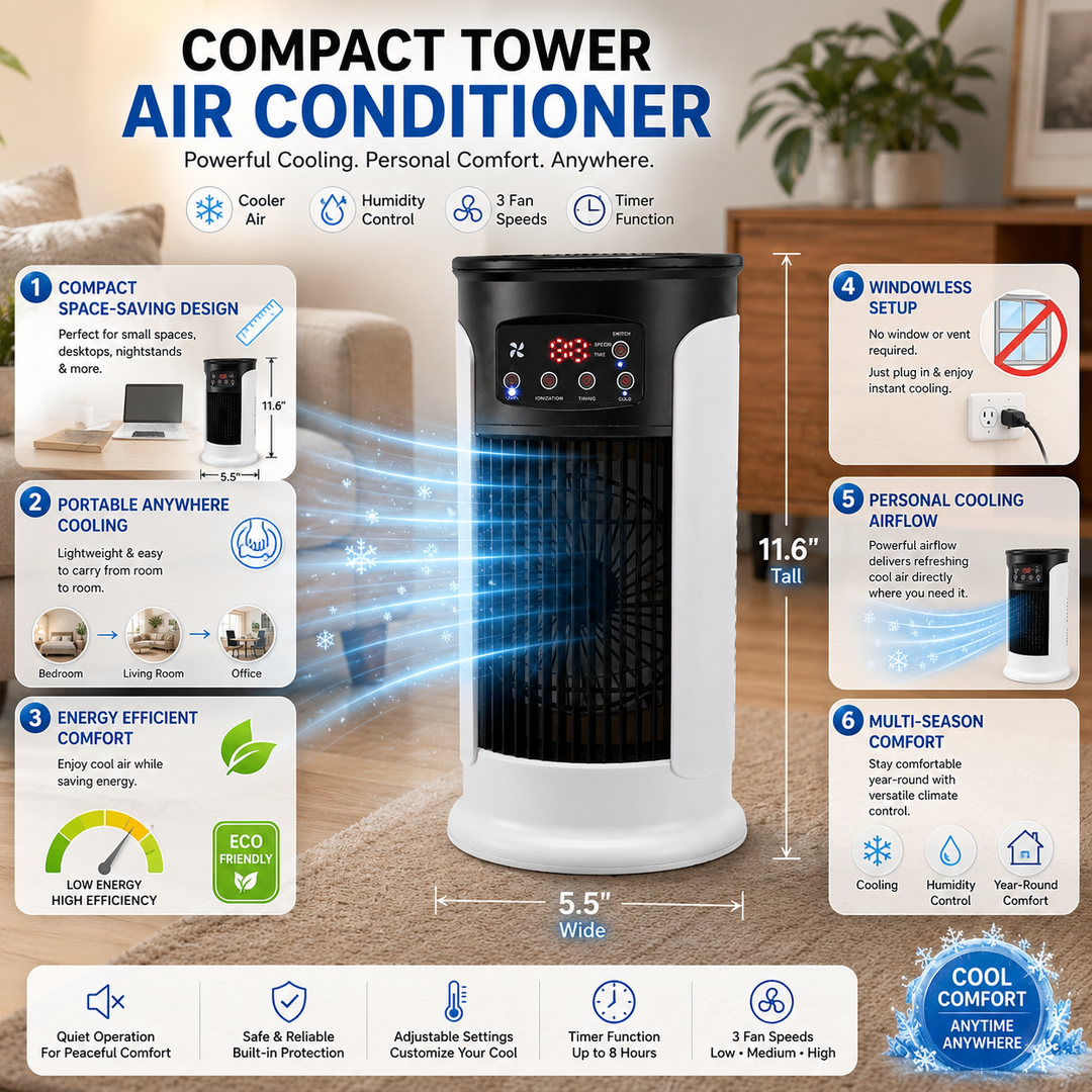 Small, compact portable air conditioner. Ideal room cooler for home, office, or personal space. Energy-efficient home cooling.