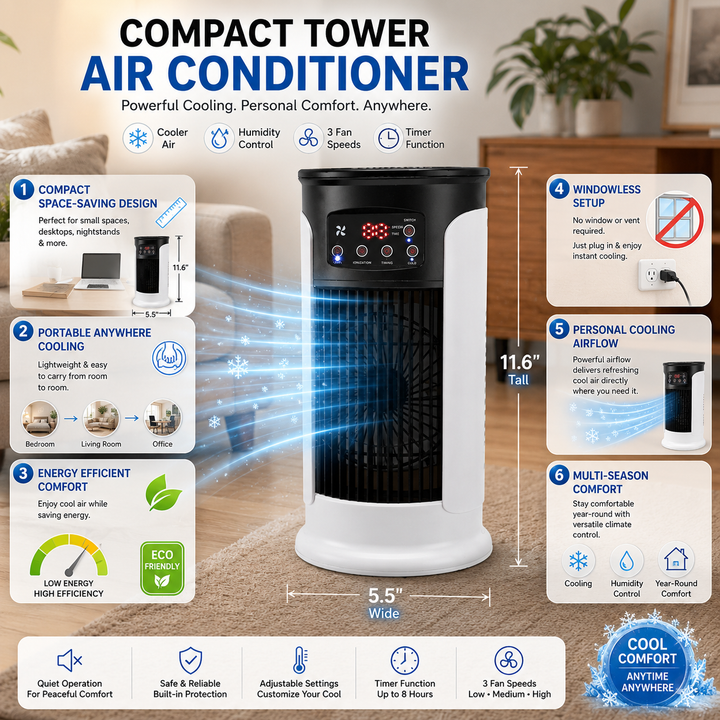 Small, compact portable air conditioner. Ideal room cooler for home, office, or personal space. Energy-efficient home cooling.