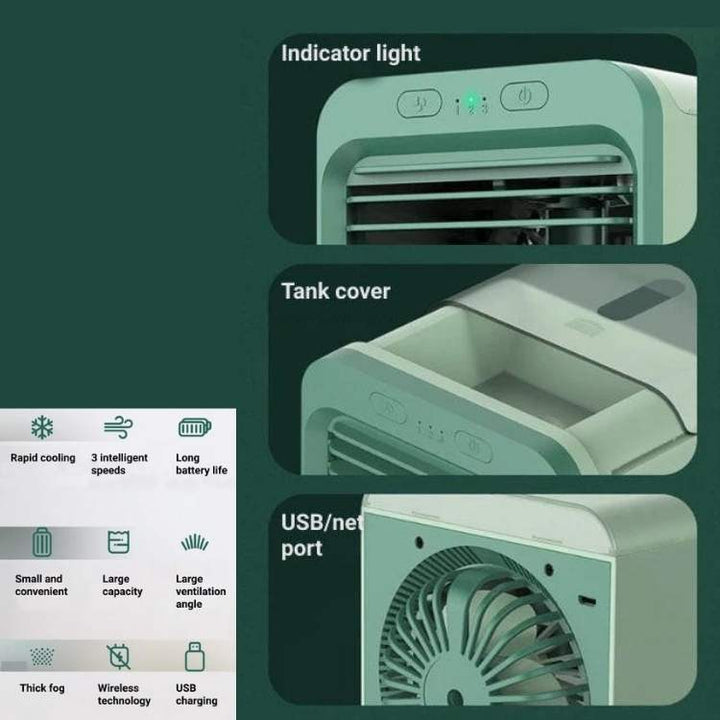 Home comfort summer essential: portable air cooler with evaporative fan and soft LED glow.