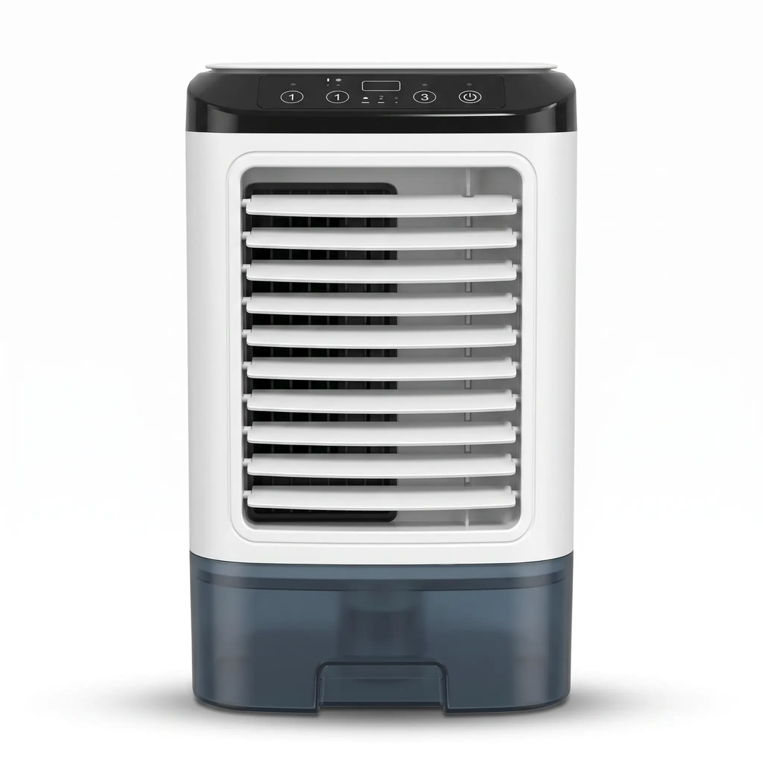 Compact portable air conditioner & ultrasonic cooling fan for personal comfort on desk or bedroom.