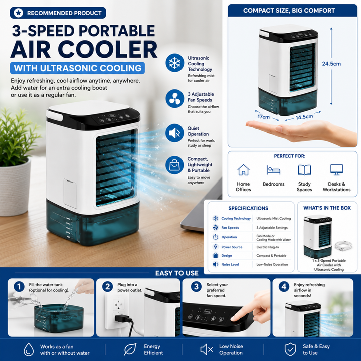 Mini AC personal cooler, quiet ultrasonic fan on a desk for home office cooling & comfort.