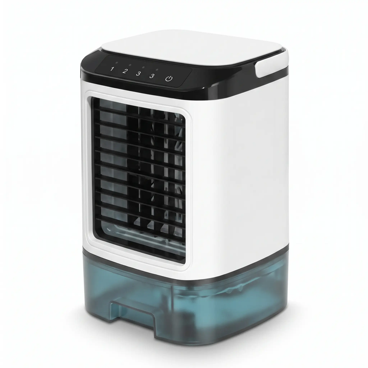 Quiet personal portable air conditioner providing cool comfort in a bedroom, ideal for summer.