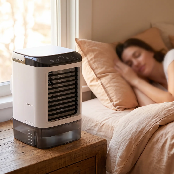 Sleek, compact ultrasonic cooling fan, a mini personal air conditioner for quiet, efficient cooling.