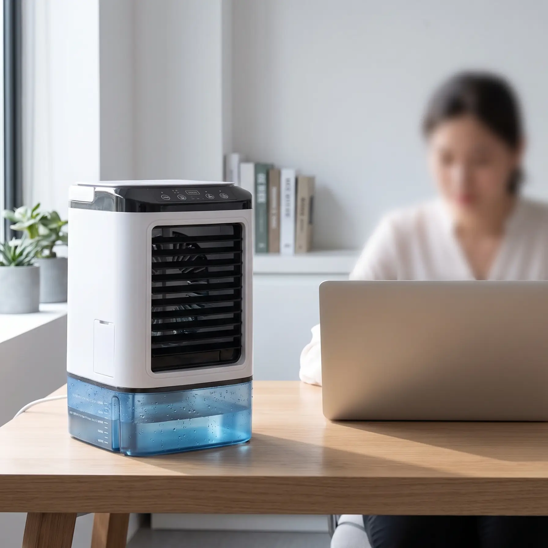 Small, portable personal cooler, a compact mini AC fan perfect for any room, a summer essential.
