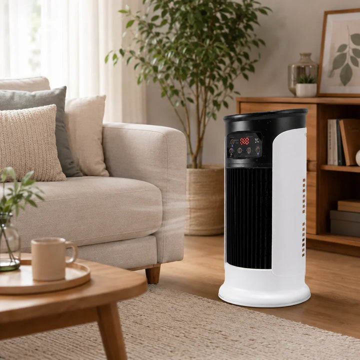 Compact portable air cooler fan, perfect personal desk fan for small spaces, bedroom, or office. Energy efficient.