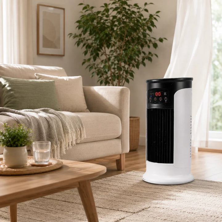 Unisex energy-efficient room cooler & personal fan for home or office. Portable electric fan provides compact cooling.