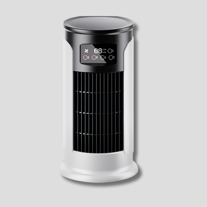 Small portable air cooler for effective home cooling. This compact personal fan is ideal for desk, bedroom, or office.