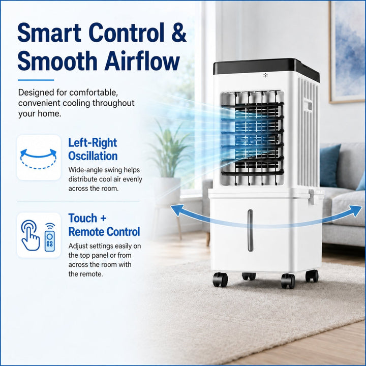 Quiet evaporative air cooler, designed for personal spaces. Enjoy a cool, comfortable environment with ease.