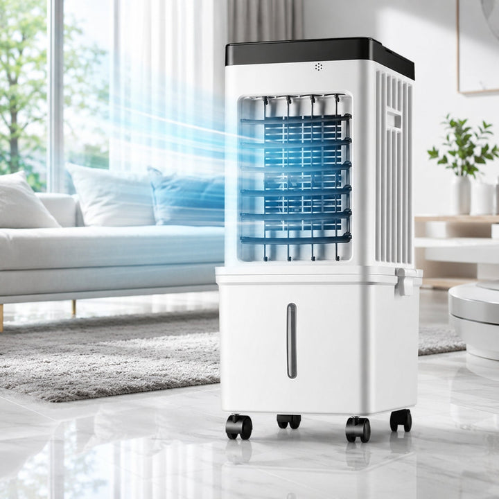 Powerful compact evaporative air cooler, a must-have summer essential for personal and room cooling.