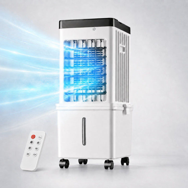Evaporative air cooler featuring remote control for convenient adjustments. Essential summer cooling.