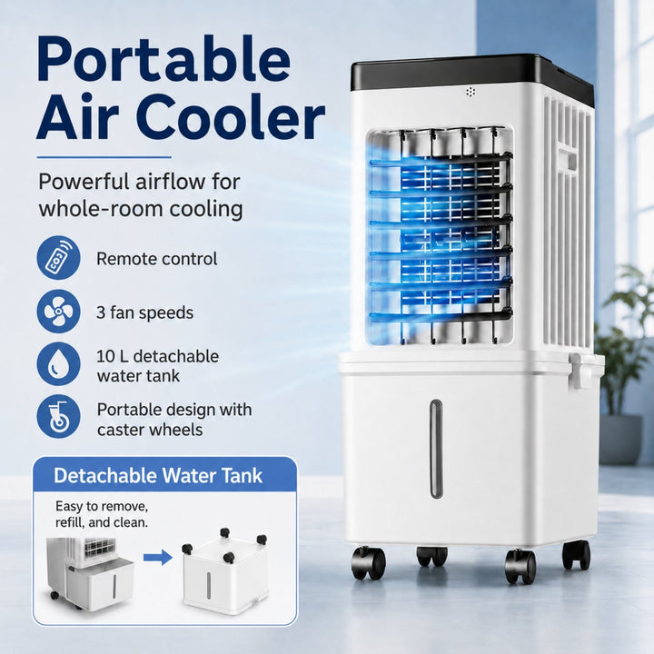 Efficient personal cooling solution: compact evaporative cooler with easy-fill water tank for lasting comfort.