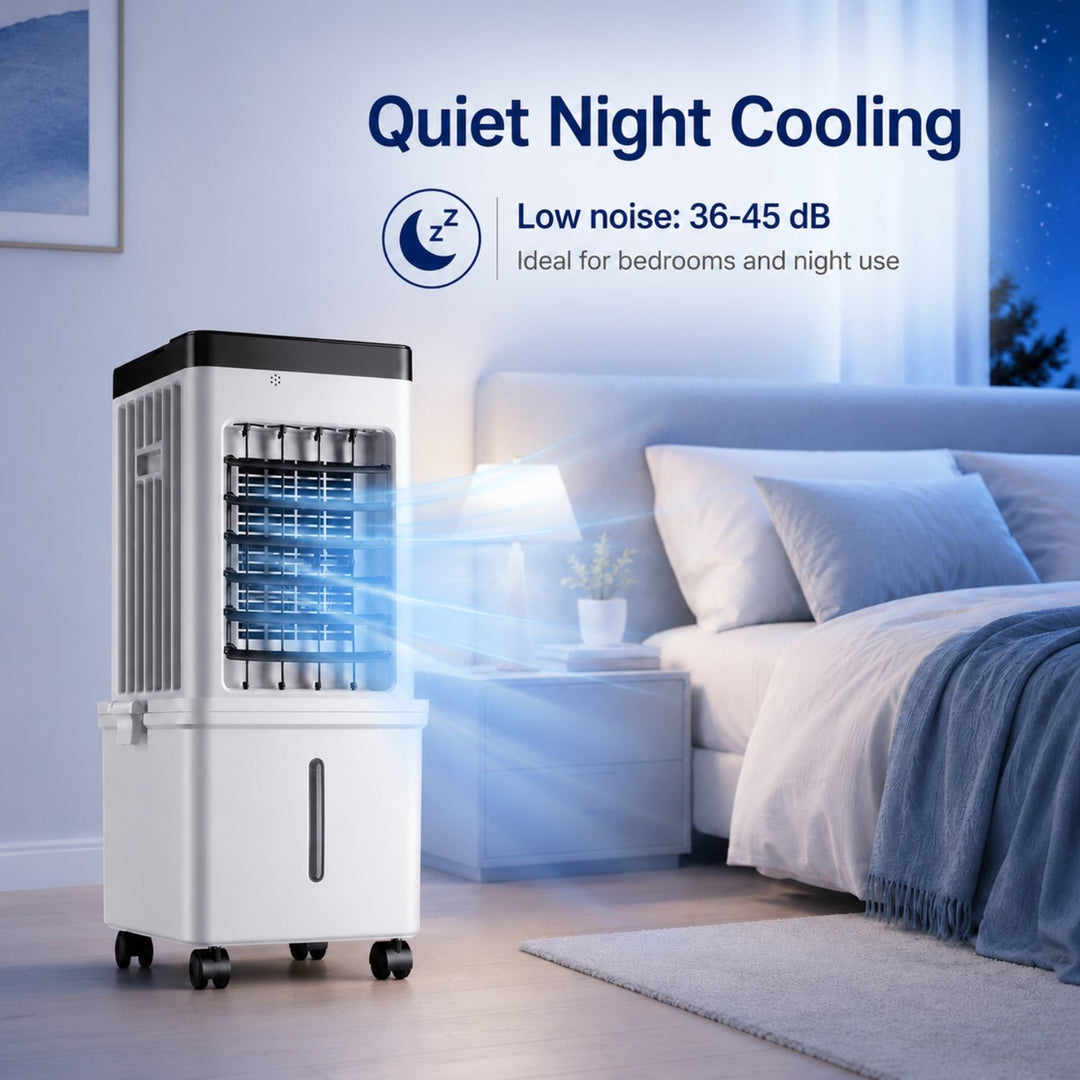 Top view of compact evaporative air cooler with control panel. Delivers powerful, quiet personal cooling.