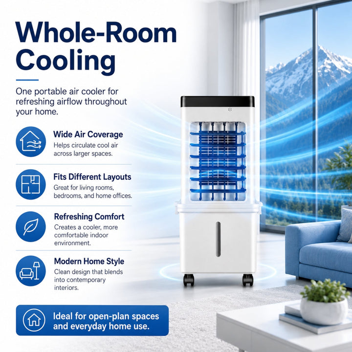 Side view of compact portable evaporative air cooler, showcasing its space-saving design. Home cooling hero.